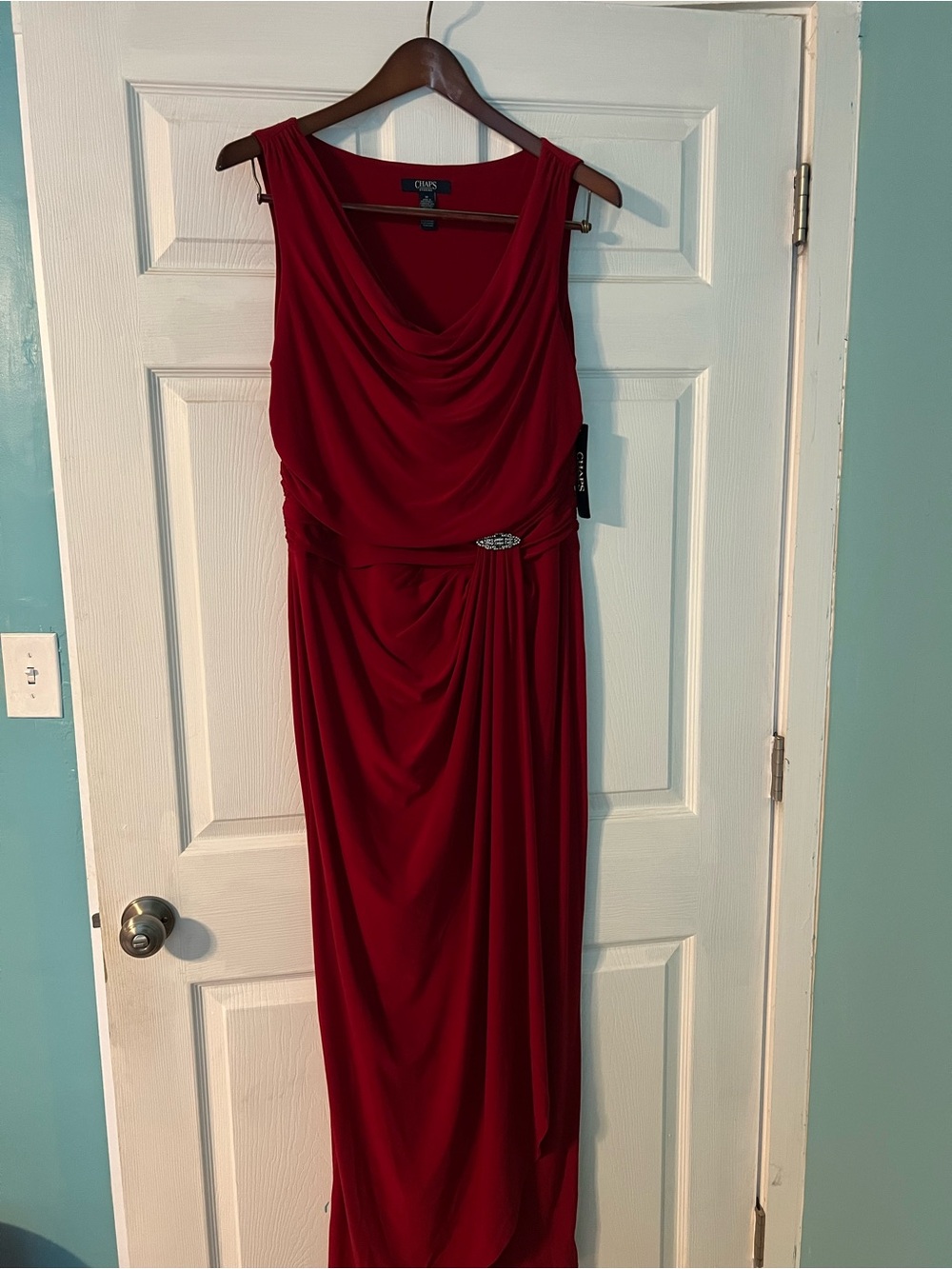 Chaps Red Sleeveless Draped Maxi Dress with Brooch Detail
